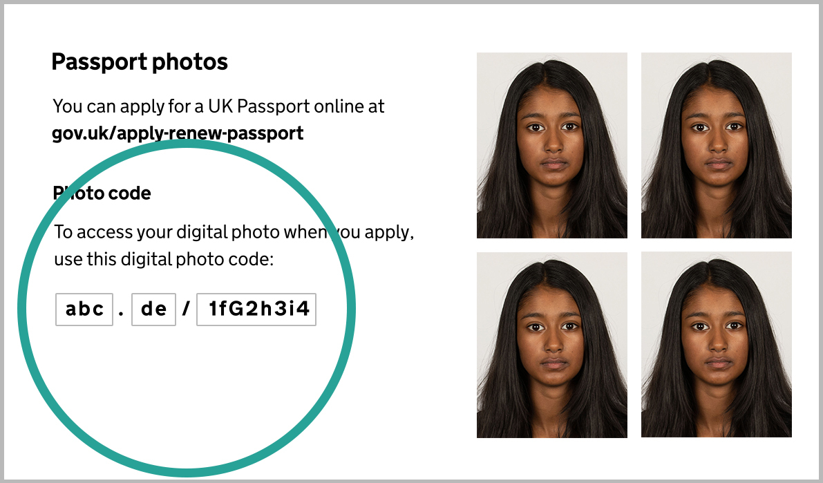 UK Passport Photo Code sample showing the code format